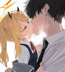1boy 1girl artist_request black_hair blonde_hair blue_archive blush closed_eyes collared_shirt dress halo hetero holding horns ibuki_(blue_archive) kiss loli long_hair long_sleeves pointy_ears red_ribbon ribbon school_uniform senshi_(dungeon_meshi) shirt simple_background steam upper_body white_background white_shirt