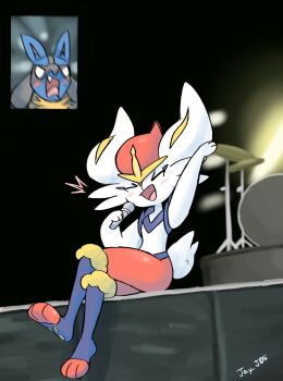 >_< 1boy 1girl ^^^ animal_ears animal_feet animal_hands animal_nose arm_up artist_name blank_eyes blue_fur blush body_fur cinderace closed_eyes crossed_legs drum drum_set fan_screaming_at_madison_beer_(meme) fang flat_chest full_body furry furry_female furry_male gen_4_pokemon gen_8_pokemon hand_up happy highres holding holding_microphone instrument j.jama lucario meme microphone multicolored_fur music nintendo open_mouth pawpads pokemon pokemon_(creature) rabbit_ears rabbit_girl rabbit_tail red_fur red_hair short_hair short_tail signature singing sitting smile solo_focus stage tail twitter_username white_eyes white_fur wolf_boy wolf_ears yellow_fur