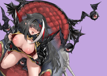 1girl alternate_breast_size armchair azur_lane bat_(animal) black_hair blue_background breasts chair convenient_censoring deutschland_(azur_lane) deutschland_(dark_demon_princess)_(azur_lane) fang hair_flaps hairband highres large_breasts long_hair multicolored_hair nipples no_panties open_clothes open_shirt purple_background red_eyes red_hair self_exposure simple_background sitting streaked_hair takeakigaku very_long_hair wariza white_hair