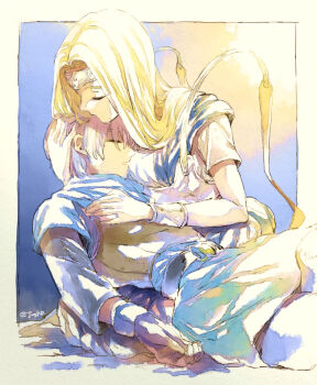 1boy 1girl aqua_tunic blonde_hair blue_gloves border bracer chest_armor circlet closed_eyes commentary_request couple cradling_head dragon_quest dragon_quest_vi gloves hand_on_another&#039;s_chest hand_on_another&#039;s_head haruno77 hetero holding kneeling long_hair lying lying_on_person mireyu on_back parted_hair short_hair silver_circlet terry_(dq6) tunic white_border white_hair