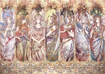 6+girls angel angel_wings aqua_eyes aqua_gem armlet bare_shoulders bellflower belt bird_of_paradise_flower blonde_hair blue_background blue_cape blue_dress blue_eyes blue_hair border bowed_wings bracelet braid braided_bun brown_background brown_eyes brown_hair cape chalice circlet cloak closed_eyes closed_mouth clothing_cutout collarbone column_lineup crown_braid cup curtained_hair dress embroidery expressionless eyeshadow facing_viewer feather_hair_ornament feathered_wings feathers feet_out_of_frame floating floating_object flower flower_halo flower_wreath gem gold_armlet gold_border gold_bracelet gold_collar green_background green_eyeshadow green_gem grey_wings hair_bun hair_flower hair_ornament half_up_braid halo hand_on_own_chest hands_up head_chain head_wreath highres holding holding_quill holding_sword holding_weapon jewelry light_smile lily_(flower) lily_of_the_valley long_hair long_sidelocks long_sleeves looking_ahead looking_at_viewer low-braided_long_hair low-tied_long_hair makeup medium_hair micho mini_wings mole mole_under_eye multicolored_dress multiple_bracelets multiple_girls multiple_wings off-shoulder_dress off_shoulder one_eye_covered open_hands orange_dress orange_wings original ornate_border own_hands_clasped own_hands_together parted_bangs parted_lips pink_dress pink_flower pink_lips poppy_(flower) profile quill red_background red_cloak red_gem red_sash red_scarf rose sash scarf serious seven_heavenly_virtues short_sleeves shoulder_cutout sidelocks single_hair_bun single_vambrace sleeveless sleeveless_dress smoke spiked_halo standing straight-on swept_bangs sword sword_in_front_of_face three-quarter_sleeves toga traditional_halo v_arms vambraces very_long_hair very_long_sidelocks waist_sash wavy_hair weapon white_dress white_hair white_halo white_wings wide_sleeves wings yellow_background yellow_belt yellow_dress yellow_eyes yellow_gem yellow_halo