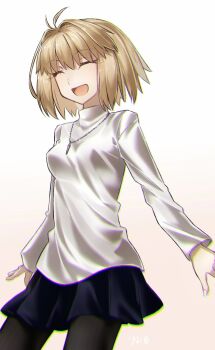 1girl arcueid_brunestud black_pantyhose blonde_hair blue_skirt breasts highres jewelry long_sleeves medium_breasts necklace open_mouth pantyhose short_hair skirt smile solo sweater thighs tsukihime turtleneck turtleneck_sweater white_sweater yubeshi_(zecxl)