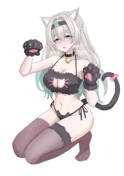 1girl absurdres animal_ears animal_hands bell black_collar blush bow breasts brown_hairband cat_ears cat_lingerie cat_paws cat_tail cleavage collar firefly_(honkai:_star_rail) gradient_eyes gradient_hair green_pupils grey_hair hair_between_eyes hair_intakes hairband highres hivern honkai:_star_rail honkai_(series) large_breasts long_hair multicolored_eyes multicolored_hair neck_bell open_mouth panties purple_thighhighs simple_background solo string_panties sweatdrop tail tail_bow tail_ornament thighhighs underwear white_background