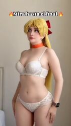 1girl aino_minako aino_minako_(cosplay) animated bishoujo_senshi_sailor_moon blonde_hair bow breasts cosplay dancing earrings fire_emoji gloves highres jewelry lingerie long_hair looking_at_viewer medium_breasts miniskirt photo_(medium) real_life red_bow sailor_venus sailor_venus_(cosplay) san_chan_claudia skirt spanish_text tagme transformation underwear very_long_hair video