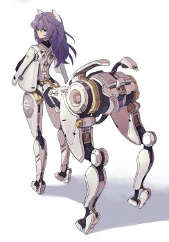 1girl absurdres blue_eyes bright_pupils capelet centaur commentary_request cyborg extra_legs full_body highres ichiyon joints looking_at_viewer looking_back medium_hair original purple_hair robot_joints science_fiction solo standing taur white_background white_capelet white_pupils