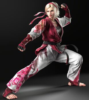 1girl 3d :| absurdres belt black_belt black_gloves blonde_hair blue_eyes clenched_hands closed_mouth dougi fighting_stance fingerless_gloves gloves hairband highres lidia_sobieska looking_ahead martial_arts_belt non-web_source official_art ponytail red_hairband red_lips scar scar_across_eye scar_on_face solo tekken tekken_8 v-shaped_eyebrows