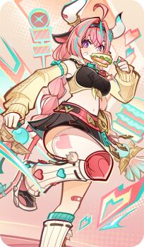 1girl animal_ears aqua_hair bad_source bandaid_on_horn braid breasts cow_ears cow_girl cow_horns cow_tail food_in_mouth genshin_impact hand_up horns large_breasts leg_warmers long_hair looking_at_viewer low_twin_braids multicolored_hair navel official_art pink_hair pink_tail purple_eyes single_thighhigh solo standing stomach streaked_hair taco tail thighhighs twin_braids varesa_(genshin_impact) white_horns white_leg_warmers yellow_sleeves