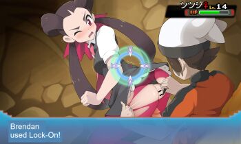 1boy 1girl bar_censor beanie black_panties blush brendan_(pokemon) brown_hair censored character_name clothing_aside collared_shirt dress eyelashes grey_dress gym_leader hair_ribbon hat health_bar highres indoors kim_da-yoon long_hair looking_back motion_blur nintendo one_eye_closed open_mouth panties panties_aside pantyhose pink_ribbon pokemon pokemon_gym pokemon_move pokemon_oras purple_pantyhose pussy ribbon roxanne_(pokemon) shirt thong torn_clothes torn_legwear translated twintails underwear venus_symbol white_shirt