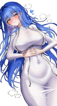 1girl absurdres arcana_(nikke) blue_hair blunt_bangs blush breasts commentary covered_navel cowboy_shot dress fingernails goddess_of_victory:_nikke grin hair_intakes half-closed_eyes hands_on_own_stomach hands_up heart highres interlocked_fingers iwazaki large_breasts long_hair long_sleeves looking_at_viewer lying nail_polish on_back one_side_up own_hands_together parted_lips purple_eyes sidelocks simple_background smile solo steaming_body sweat tight_clothes tight_dress very_long_hair white_background white_dress white_nails zipper zipper_dress zipper_pull_tab