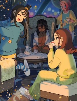 2boys 2girls :d absurdres alternate_costume armchair blue_hoodie cardigan chair closed_eyes commentary_request cube_hair_ornament cup dark-skinned_male dark_skin green_pants hair_ornament harmony_(pokemon) highres holding holding_cup hood hood_down hoodie lida_(pokemon) long_hair multiple_boys multiple_girls naveen_(pokemon) nintendo open_cardigan open_clothes open_mouth pants pokemon pokemon_legends:_z-a saucer shirt sitting slippers smile socks steam striped_clothes striped_socks suzuran_moi table tassel tea teapot topknot urbain_(pokemon) white_slippers yellow_cardigan