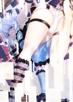 1girl ass azuma_sawayoshi bent_over commentary_request expressionless glitch gloves grey_eyes highres kaine_(nier) looking_at_viewer looking_back nier nier_(series) panties solo thigh_strap underwear white_hair white_panties