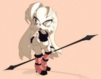 bad_tag bottomless high_heels highres hourglass kmax looking_to_the_side non-web_source original plump polearm rabbit_girl red_eyes sofira_the_rabbit sonic_(series) spear standing weapon