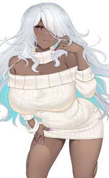 Rule 34 | 1girl, breasts, colored inner hair, commentary request, dark-skinned female, dark skin, dress, fingernails, hair over one eye, hataraki kuma, highres, large breasts, long fingernails, long hair, looking at viewer, multicolored hair, off-shoulder sweater, off shoulder, original, parted lips, pink nails, purple eyes, smile, solo, sweater, sweater dress, white hair, white sweater