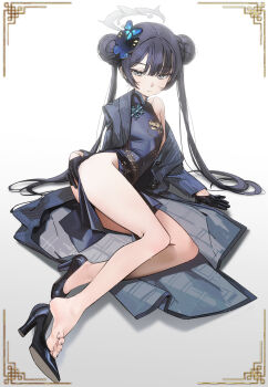 1girl absurdres bare_legs barefoot black_coat black_dress black_gloves black_hair black_nails black_shoes blue_archive braid bun_with_braided_base butterfly_hair_ornament china_dress chinese_clothes closed_mouth coat commentary covered_navel double_bun dragon_print dress drive_shot feet full_body gloves grey_eyes grey_halo hair_bun hair_ornament half_gloves halo high_heels highres kisaki_(blue_archive) long_hair long_sleeves looking_at_viewer lying md5_mismatch nail_polish on_side pelvic_curtain pinstripe_coat print_dress revision shoes single_bare_foot sleeveless sleeveless_dress soles solo striped_coat toenail_polish toenails toes twintails vertical-striped_coat