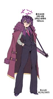 Rule 34 | 1girl, absurdres, aged up, artist name, blue archive, closed mouth, coat, dated, eyewear on head, fabarm fp6, gun, halo, hands in pockets, haruka (blue archive), highres, leather coat, long sleeves, necktie, pants, pump action, purple coat, purple eyes, purple necktie, purple pants, purple vest, shirt, shotgun, solo, sunglasses, translated, vest, wasabee777, weapon, white background, white shirt