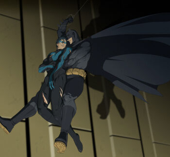 2boys batman batman_(series) belt blood bodysuit boots bruce_wayne building cape carrying city dc_comics dick_grayson domino_mask eye_mask family father_and_son gauntlets gb_(doubleleaf) gloves injury male_focus mask multiple_boys muscular nightwing