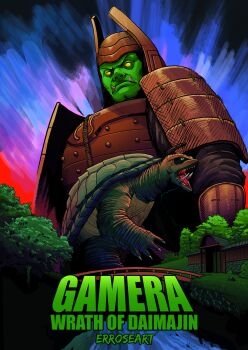 absurdres angry armor artist_name bird body_armor bush character_name claws colored_skin company_connection crossover daiei_film daiei_motion_picture daimajin daimajin_(film) daimajin_(series) demon dusk english_text eric_rose forest gamera gamera:_guardian_of_the_universe gamera_(series) gate giant giant_monster glowing glowing_eyes golem grass green_eyes green_skin helmet highres kaijin kaiju monster nature no_humans no_pupils open_mouth overlapping_shell river roaring rock rope samurai sea_monster segmented_shell sheath sky spirit statue sword tongue tree turtle turtle_shell tusks water weapon yellow_eyes