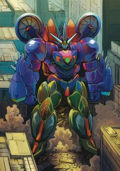 ahead_(mobile_suit) clenched_hands getter_go getter_robo getter_robo_go highres mecha mecha_focus no_humans robot science_fiction smoke solo spikes super_robot yamanushi yellow_eyes