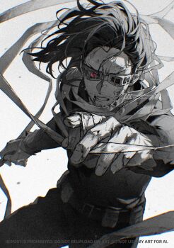 Rule 34 | 1boy, aizawa shota, bandages, bloodshot eyes, boku no hero academia, clothes grab, commentary request, crested hair, facial hair, highres, long scarf, male focus, messy hair, mustache stubble, neckwear grab, onc ooo, scar, scar on face, scarf, scarf grab, solo, sparse stubble, stubble
