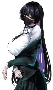 1girl black_choker black_hair black_mask black_nails bocchi_the_rock! breasts choker colored_inner_hair green_eyes green_jacket green_skirt highres jacket large_breasts looking_at_viewer mask mouth_mask multicolored_hair pa-san purple_hair shirt simple_background skirt solo surgical_mask two-tone_hair white_background white_shirt yukahire