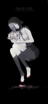 Rule 34 | 1girl, absurdres, barefoot, blood, blood on feet, bouquet, chainsaw man, closed mouth, commentary request, flower, glass shards, hair between eyes, hair bun, highres, holding, holding bouquet, knees up, looking at viewer, reze (chainsaw man), shirt, shorts, sleeveless, sleeveless shirt, smile, solo, spot color, umezu 8989