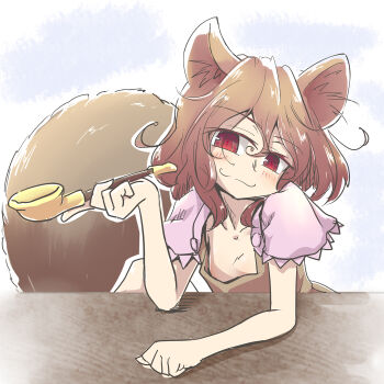 Rule 34 | :3, animal ear fluff, animal ears, arm on table, arm up, blush, brown hair, brown shirt, clenched hand, closed mouth, commentary request, double-parted bangs, downblouse, elbow on table, frilled sleeves, frills, futatsuiwa mamizou, grey background, hair between eyes, head tilt, holding, holding smoking pipe, kiseru, looking at viewer, matsu 84, medium hair, messy hair, no eyewear, partial commentary, pink sleeves, puffy short sleeves, puffy sleeves, raccoon ears, raccoon girl, raccoon tail, red eyes, shirt, short sleeves, simple background, smile, smoking pipe, split mouth, table, tail, touhou, upper body