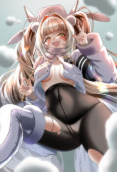 Rule 34 | 1girl, absurdres, black pantyhose, blanc (fortune express) (nikke), blanc (nikke), boots, breasts, fur trim, goddess of victory: nikke, hat, highres, jacket, kappaako, long hair, looking at viewer, official alternate costume, pantyhose, smile, solo, twintails, underwear, very long hair, white boots, white hair, yellow eyes