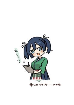 1girl blue_eyes blue_hair blue_skirt breasts clipboard commentary commentary_request green_kimono hakama hakama_skirt japanese_clothes kantai_collection kimono makotonichimei medium_breasts negative_space pleated_skirt skirt smile solo souryuu_(kancolle) symbol-only_commentary translation_request twintails