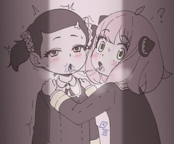 2girls ? after_kiss anya_(spy_x_family) becky_blackbell black_hair blush drooling eden_academy_school_uniform female_focus green_eyes hairpods hands_on_another's_shoulders implied_kiss kodomo_doushi loli looking_at_viewer multiple_girls open_mouth oversleepergirl pink_hair saliva saliva_trail school_uniform spy_x_family standing tongue trembling twintails yuri