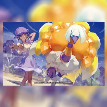 1girl arm_behind_head bare_tree blue_sky brown_eyes cactus commentary company_name copyright_name copyright_notice dark-skinned_female dark_skin day desert dress english_commentary espathra eyelashes nintendo official_art outdoors outstretched_arm pokemon pokemon_(creature) pokemon_sv pokemon_tcg purple_hair short_hair sky teeziro third-party_source tree tulip_(pokemon)