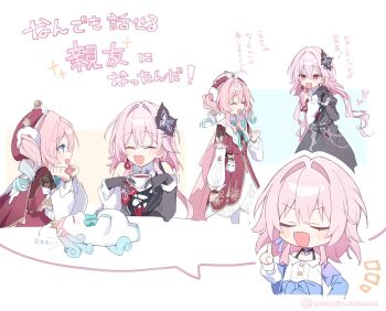 1other 3girls black_choker black_dress black_flower black_gloves blue_jacket bra_strap chibi choker commentary cup dress earrings evernight_(honkai:_star_rail) flower gloves gradient_hair green_hair hair_ornament hairclip highres holding holding_cup honkai:_star_rail honkai_(series) hyacine_(honkai:_star_rail) jacket jewelry little_ica_(honkai:_star_rail) long_hair long_sleeves march_7th_(honkai:_star_rail) march_7th_(preservation)_(honkai:_star_rail) multicolored_hair multiple_girls official_alternate_costume official_alternate_design official_alternate_hair_length official_alternate_hairstyle parallel_hairclips pink_hair red_eyes red_flower shirt single_bare_shoulder single_earring tied_jacket translation_request twitter_username uwasewau white_shirt zzz