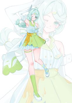 Rule 34 | 1girl, absurdres, apron, ashimi fugo, bare shoulders, blue dress, blue eyes, blue hair, blush, dress, elbow gloves, gloves, hair ornament, highres, light smile, long hair, looking at viewer, mole, mole on shoulder, one eye closed, seed (zenless zone zero), simple background, smile, socks, solo, white background, white gloves, zenless zone zero