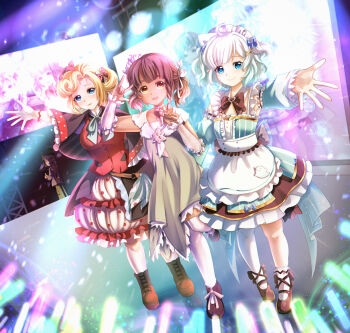 3girls ahoge apron blonde_hair blue_eyes brown_eyes brown_hair dark-skinned_female dark_skin densetsu.exe dress dungeon_toaster frilled_dress frills glowstick green_dress green_hair highres looking_at_viewer maid maid_apron maid_headdress medium_hair mint_fantome mint_fantome_(minto_2.0) multiple_girls one_side_up penlight_(glowstick) phoebe_(vtuber) red_dress single_thighhigh smile stage thighhighs victoria_roman virtual_youtuber white_apron white_thighhighs
