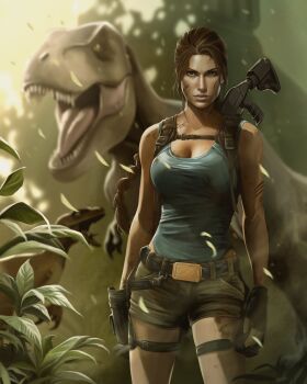 1girl belt blue_leotard breasts brown_eyes brown_hair brown_shorts dinosaur fingerless_gloves gloves gun highres holster illyne_cosplay lara_croft large_breasts leotard long_hair looking_at_viewer open_mouth outdoors plant sharp_teeth short_shorts shorts standing teeth thigh_holster tomb_raider tyrannosaurus_rex weapon weapon_on_back weapon_request