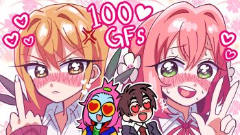 1boy 3girls :d aijou_rentarou anger_vein blue_skin blush brown_eyes brown_hair character_request colored_skin commentary copyright_name english_commentary fang green_eyes hair_intakes hanazono_hakari heart heart-shaped_pupils hetero highres inda_karane kimi_no_koto_ga_dai_dai_dai_dai_daisuki_na_100-nin_no_kanojo long_hair middle_finger mimiyori multiple_girls open_mouth orange_hair pink_hair round_eyewear short_hair skin_fang smile symbol-shaped_pupils v yuri