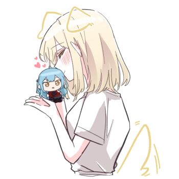 1girl at_09098 bang_dream! bang_dream!_it&#039;s_mygo!!!!! blonde_hair character_doll closed_eyes commentary_request doll drawn_ears drawn_tail heart korean_commentary medium_hair misumi_uika oblivionis_(bang_dream!) shirt short_hair simple_background togawa_sakiko upper_body white_background white_shirt yuri