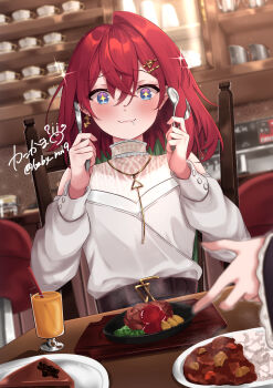 Rule 34 | + +, 2girls, :3, absurdres, ange katrina, ange katrina (casual), artist name, baby mn9, belt, blue eyes, blurry, blurry background, blush, brown belt, cafe, chair, closed mouth, clothing cutout, commentary request, crossed bangs, cup, curry, curry rice, depth of field, drinking glass, drinking straw, drooling, dutch angle, earrings, food, food request, fork, gold earrings, gold necklace, gradient eyes, hair between eyes, hair ornament, hairpin, hands up, highres, holding, holding fork, holding knife, holding spoon, hungry, indoors, inui toko, inui toko (1st costume), jewelry, knife, layered shirt, lips, long bangs, long hair, long sleeves, multicolored eyes, multiple girls, multiple hairpins, necklace, nijisanji, out of frame, pink eyes, plate, raised inner eyebrows, red hair, rice, saliva, shirt, shirt tucked in, shoulder cutout, single earring, single hair intake, solo focus, sparkle, spoon, table, triangle earrings, twitter username, upper body, virtual youtuber, white shirt