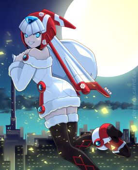 1girl ass bag bare_shoulders black_thighhighs blue_eyes commentary deniacp dress english_commentary fairy_leviathan_(mega_man) forehead_jewel from_behind full_moon helmet highres holding holding_bag looking_at_viewer looking_back mega_man_(series) mega_man_x_(series) mega_man_x_dive mega_man_zero_(series) moon night off-shoulder_sweater off_shoulder parted_lips red_helmet smile solo sweater sweater_dress thighhighs white_sweater