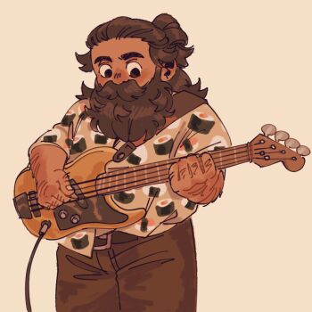 1boy alternate_costume bass_guitar beard beard_over_mouth commentary contemporary cowboy_shot dungeon_meshi dwarf electric_guitar english_commentary facial_hair food food_print grangermonarque guitar hairy holding holding_guitar holding_instrument instrument knuckle_hair long_beard looking_down male_focus music mustache playing_bass_guitar playing_instrument senshi_(dungeon_meshi) solo sparse_arm_hair sushi thick_mustache