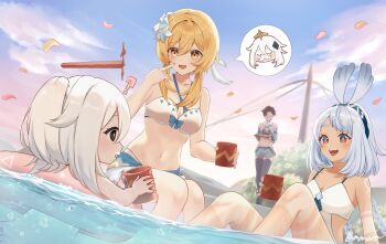 4girls :d ? amaneko_(amaneko_y) atea_(genshin_impact) bare_shoulders bikini black_eyes blonde_hair blue_shorts blue_thighhighs body_markings braid breasts brown_hair cleavage closed_eyes collarbone commentary_request criss-cross_halter crop_top cup flower genshin_impact hair_between_eyes hair_flower hair_ornament halo halterneck highres holding holding_cup holding_tray innertube long_hair lumine_(genshin_impact) lumine_(hot_springs)_(genshin_impact) medium_breasts mualani_(genshin_impact) multiple_girls navel official_alternate_costume one-piece_swimsuit onsen open_mouth outdoors paimon_(genshin_impact) paimon_(hot_springs)_(genshin_impact) pointing pointing_at_self red_eyes short_hair_with_long_locks shorts signature sitting smile spoken_character stomach swim_ring swimsuit symbol-shaped_pupils teeth thighhighs tray upper_teeth_only very_long_hair walking white_bikini white_flower white_hair white_one-piece_swimsuit yellow_eyes