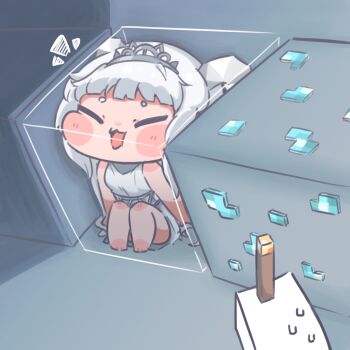 1girl arm_support bare_arms barefoot block_(minecraft) blush_stickers chai_chai_huishi chibi chinese_commentary closed_eyes commentary_request daya_(trickcal) dragon_girl dragon_horns dress feet horns knees_up legs_together long_hair minecraft nervous_sweating open_mouth pov pov_hands sleeveless sleeveless_dress smile solo_focus sweat tiara toes trickcal very_long_hair white_dress white_hair