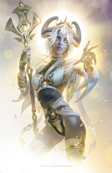 1girl absurdres black_leotard bridal_gauntlets cowboy_shot cropped_legs crown detached_sleeves dmitry_prozorov draenei highleg highleg_leotard highres holding holding_staff horns jewelry leotard long_sleeves magic parted_lips pointy_ears purple_sky ring short_hair silver_hair sky solo staff standing thighhighs turtleneck warcraft watermark web_address white_sleeves white_thighhighs world_of_warcraft yellow_eyes