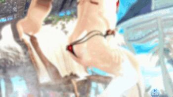 1girl 3d animated animated_gif beach bikini breast_lift breasts chair dead_or_alive dead_or_alive_xtreme dead_or_alive_xtreme_venus_vacation large_breasts long_hair lowres nyotengu on_chair outdoors red_bikini sitting solo swimsuit