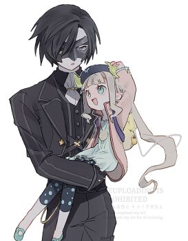 Rule 34 | 1boy, 1girl, ascot, beret, black hair, black hat, black jacket, black pants, black vest, blue dress, blue eyes, blue shoes, blunt bangs, brown hair, carrying, child carry, dress, elle mel marta, father and daughter, green eyes, hat, highres, jacket, jewelry, long hair, looking at another, mary janes, mask, nancykittyu, necklace, pants, pink jacket, print leggings, shoes, simple background, smile, tales of (series), tales of xillia, tales of xillia 2, twintails, vest, victor (tales), watermark, white ascot, white background