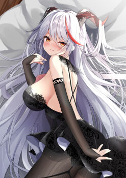 1girl aegir_(azur_lane) alternate_costume azur_lane backless_dress backless_outfit bare_shoulders bareback black_dress black_gloves breasts bridal_gauntlets dress fine_fabric_emphasis gloves hair_on_horn highres large_breasts long_hair looking_at_viewer lying madotsukumo multicolored_hair on_side red_hair solo two-tone_hair very_long_hair white_hair yellow_eyes
