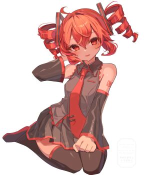 1girl absurdres adapted_costume ahoge alternate_costume arm_behind_head bare_shoulders black_boots black_shirt black_skirt black_sleeves boots collared_shirt detached_sleeves double-parted_bangs drill_hair hair_between_eyes highres kasane_teto kasane_teto_(utau) kneeling looking_at_viewer mikazuki123457 miniskirt necktie number_tattoo red_eyes red_hair red_necktie red_trim shirt shoulder_tattoo skirt sleeveless sleeveless_shirt tattoo thigh_boots twin_drills utau white_background