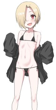 1girl bikini black_bikini blonde_hair ear_piercing flat_chest hair_over_one_eye halulu highres idolmaster idolmaster_cinderella_girls loli looking_at_viewer micro_bikini navel open_mouth piercing red_eyes ribs shirasaka_koume short_hair simple_background sleeves_past_wrists smile solo swimsuit white_background