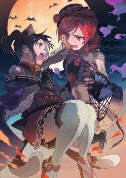 Rule 34 | 2girls, absurdres, bare shoulders, bell, black hair, black hat, black kimono, black socks, cat tail, commentary request, costume request, fang, frilled thighhighs, frills, full body, hat, highres, holding lamp, inazuma (elect line), japanese clothes, kimono, love live!, love live! school idol project, medium hair, multiple girls, multiple tails, neck bell, nekomata, nishikino maki, open mouth, over-kneehighs, purple eyes, red eyes, red hair, skin fang, socks, tail, thighhighs, tilted headwear, twintails, two tails, white thighhighs, yazawa nico