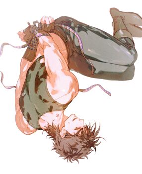 1boy battle_tendency birthmark bound bound_wrists brown_hair commentary_request fingerless_gloves gloves joestar_birthmark jojo_no_kimyou_na_bouken joseph_joestar joseph_joestar_(young) looking_at_viewer male_focus mullet open_mouth sleeveless smile solo untabunta white_background