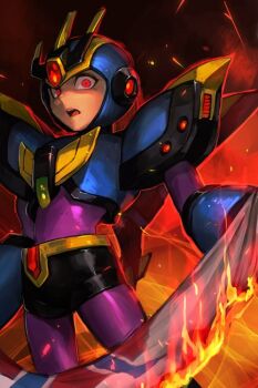 armor burning capcom crazy_eyes fire flag helmet holding horror_(theme) hungry_clicker male_focus mega_man_(series) mega_man_x_(manga) mega_man_x_(series) red_eyes robot shoulder_pads solo teeth ultimate_armor_x_(mega_man) upper_teeth_only x_(mega_man)